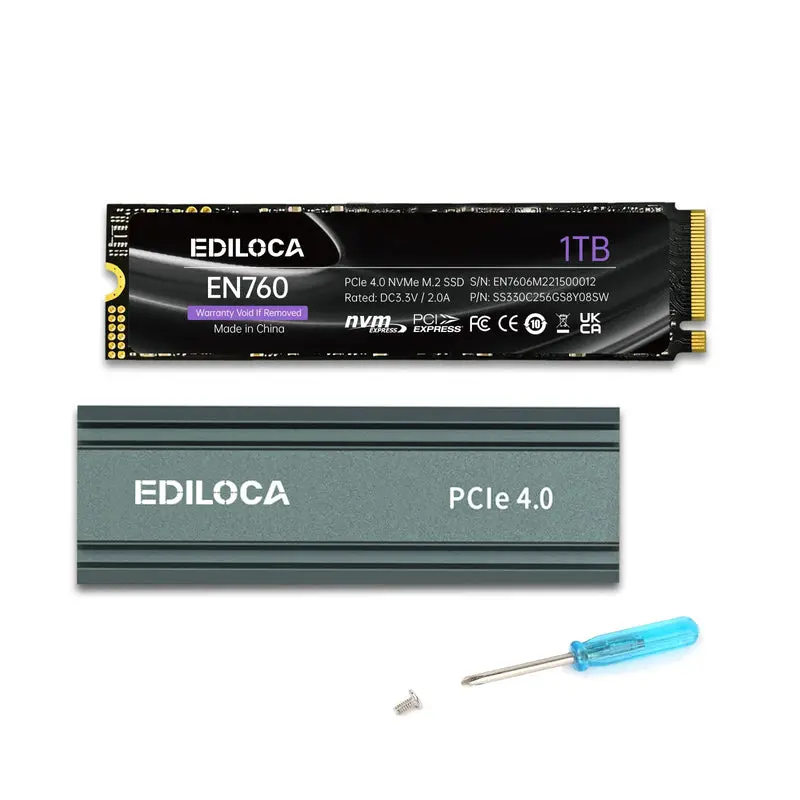 EDILOCA EN760 PCIe Gen4 NVMe M.2 2280 Internal SSD, 1TB Capacity, 3D NAND TLC, Dynamic SLC Cache, Up to 5000MB/s, Aluminum Heatsink, Compatible with PS5, PC