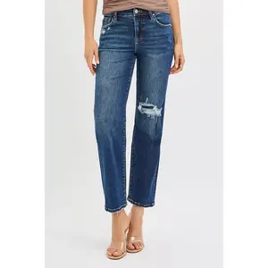 RISEN High Rise Crop Slim Straight Jenas with Hidden Knee Patch