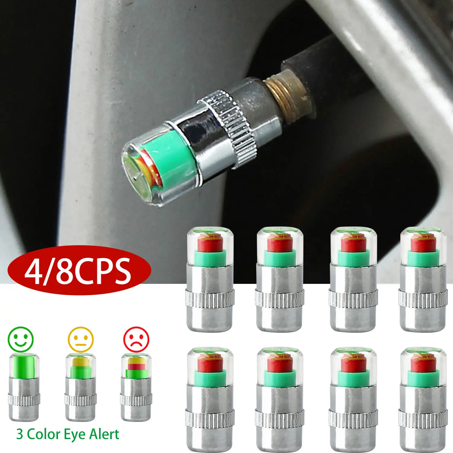 Car Auto Pressure Monitor Warning Valve Caps,3 Color Eye Alert Tire Valve Caps,Easy to Read Sensor Indicator For Car, Truck, SUV, Motorcycle & Bike,Car Accessories