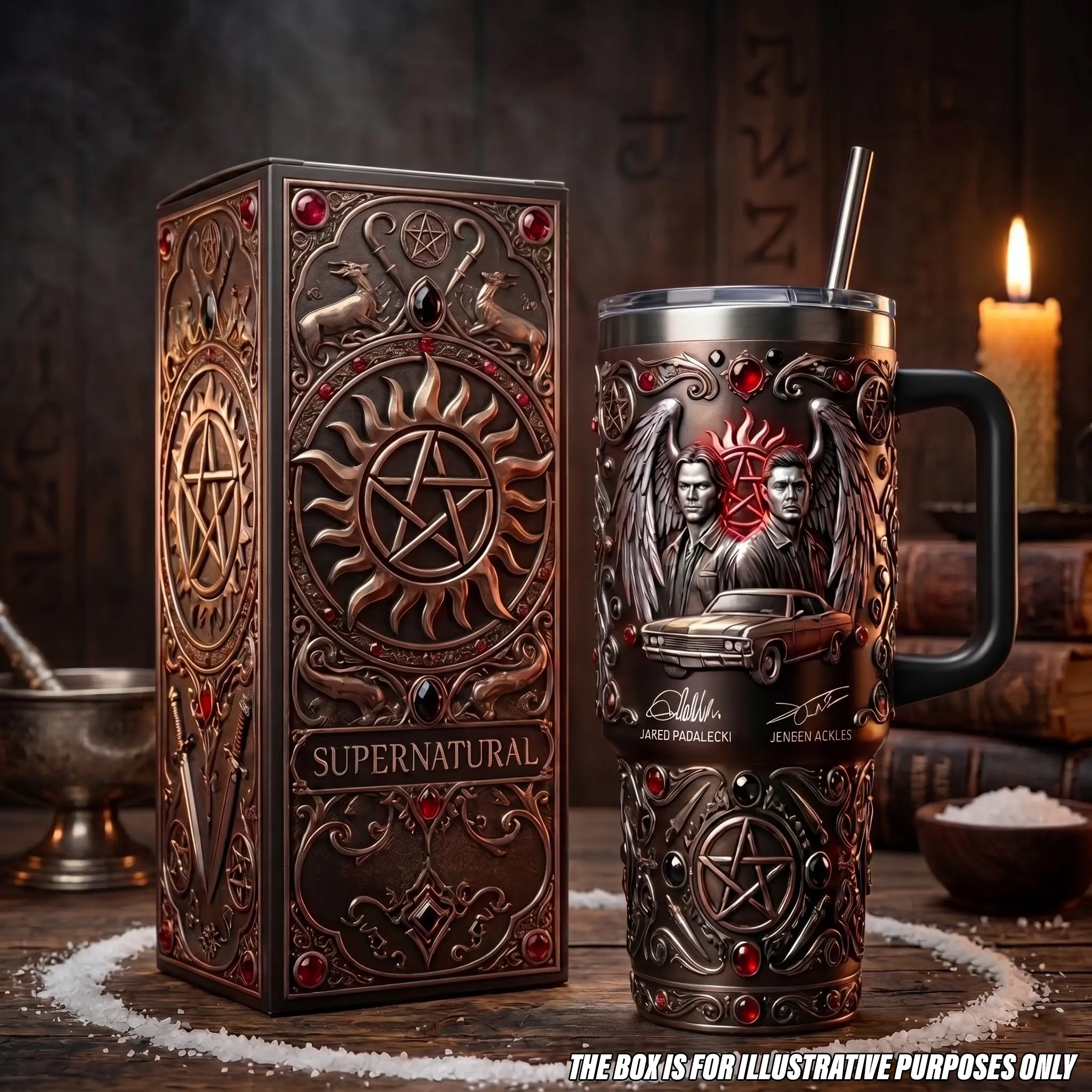 Supernatural Sam And Dean Winchester Tumbler with Handle, 40oz Insulated Stainless Steel Travel Mug Straw, Chevy Impala Anti Possession Pentagram Car Cup, TV Show Fantasy Apparel Drinkware, Vintage Retro Style Travel Coffee Mug Supernatural Fans
