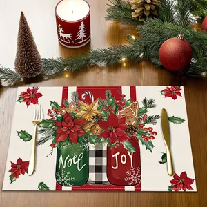 4/6pcs Christmas Decorative Table Mat, Snowman Christmas Tree Pattern Plate Mat, Bow Christmas Ball Winter Table Mat, Cup Mat, Retro Truck Christmas Plant Printed Table Non slip Thermal Insulation Mat, Table Decoration, Kitchen Decorative Placemat, Gifts