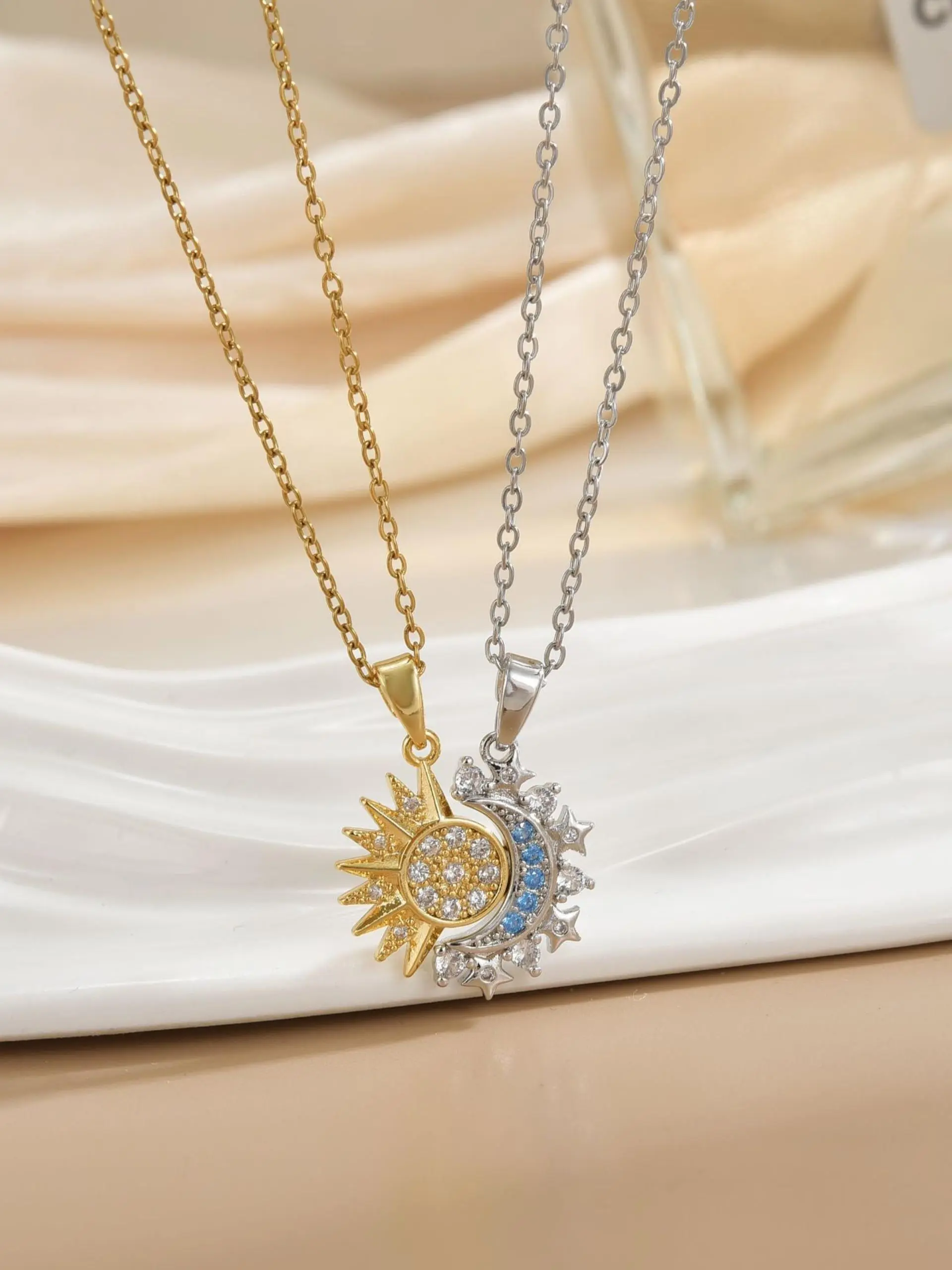 2 Pcs Stainless Steel Necklace Set, Boy Sun Girl Moon Design, Sparkling CZ Necklace, Magnetic Clasp, Elegant Gift for Valentine & Christmas