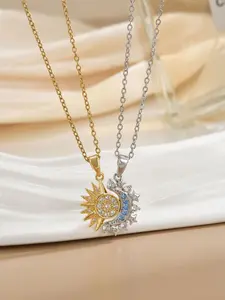 2 Pcs Stainless Steel Necklace Set, Boy Sun Girl Moon Design, Magnetic Clasp, Elegant Gift for Valentine & Christmas, Chain Link Necklace