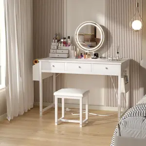 Lufeiya White Makeup Vanity Desk with Mirror and Lights, 40 inch Make Up Vanity Desks with Fabric Drawers & Power Outlet, Dressing Table and Chair Set for Girls Bedroom, White/White Gold, Get Free Gift
