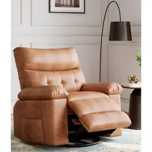 PU Leather 360° Swivel Rocking Recliner Chair, Oversized with Heat & Massage – Pull Handle Rocker Recliner (Silla Mecedora) for Living Room, Bedroom or Nursery