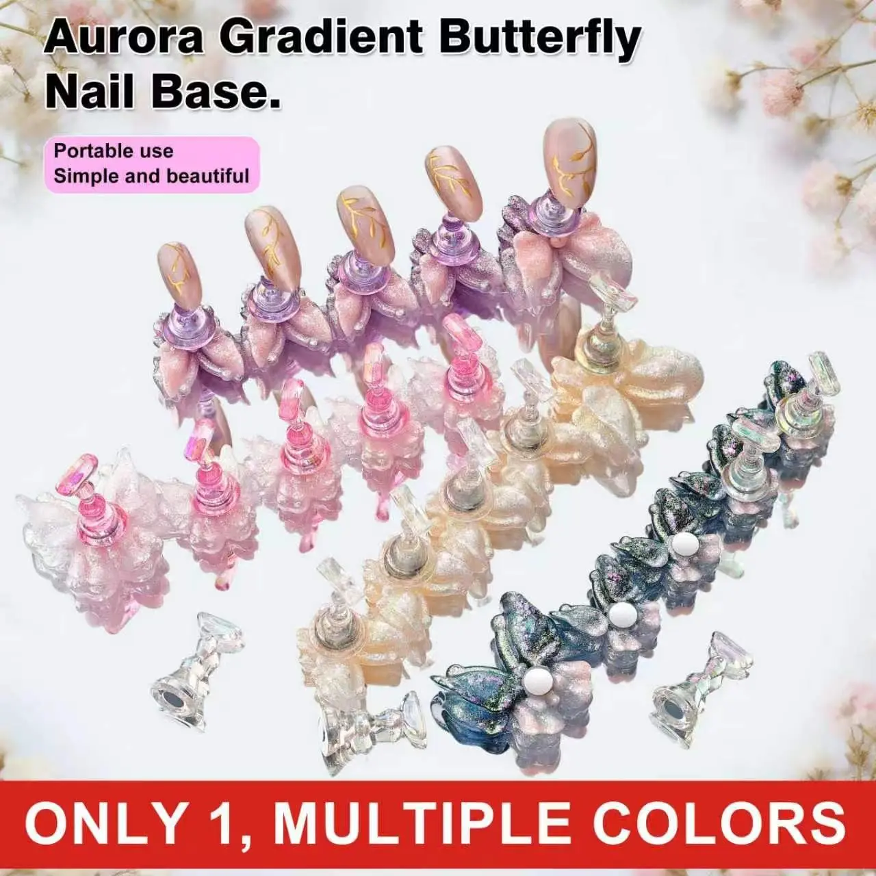 New nail art display stand with aurora gradient butterfly design, colorful nail tip display stand, practice manicure nail stand, sparkling gradient butterfly nail stand, suitable for beginners and nail salons, Beginner Friendly