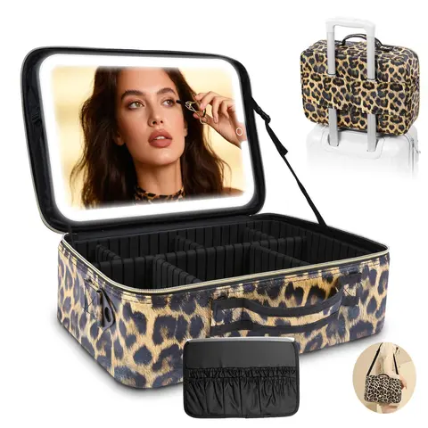 Women's Large Waterproof LED Mirror Makeup Bag (15x5.5x11in, 4-7.9in), Faux Leather, Aluminum Frame, 3 Lighting Modes, Customizable Storage, 6 EVA Divider Fit, Adjustable Dividers, Durable Portable Cosmetic Train Case, Travel Essential Organizer Gift