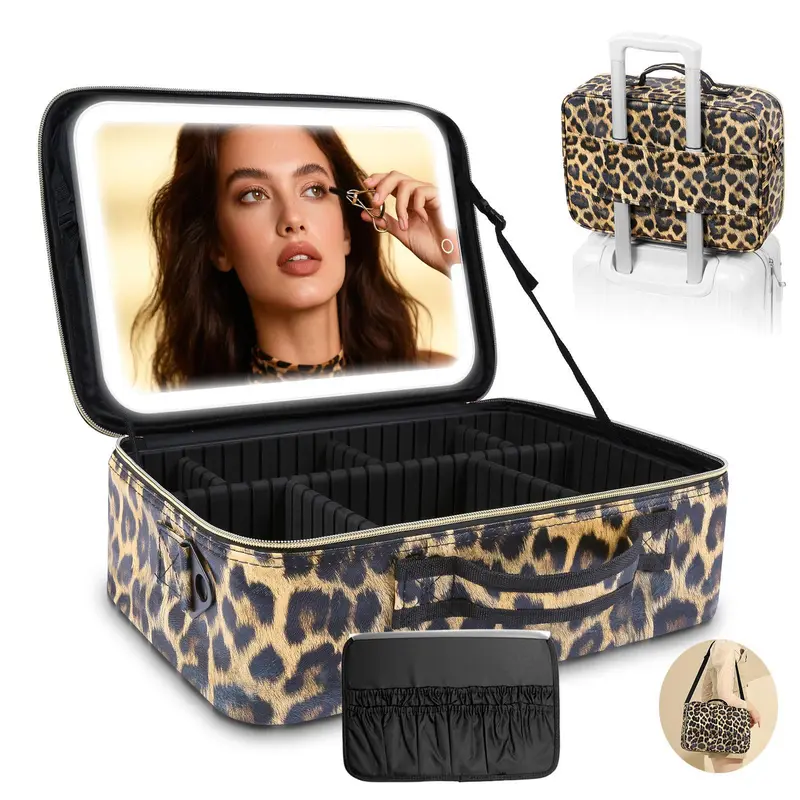 Women's Large Waterproof LED Mirror Makeup Bag (15x5.5x11in, 4-7.9in), Faux Leather, Aluminum Frame, 3 Lighting Modes, Customizable Storage, 6 EVA Divider Fit, Adjustable Dividers, Durable Portable Cosmetic Train Case, Travel Essential Organizer Gift