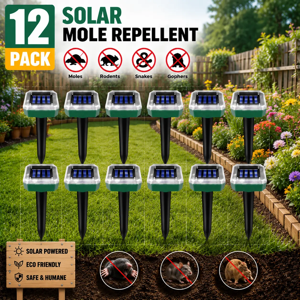 Mole Repellent for Lawns 12 Pack, Solar Powered Mole Repeller Ultrasonic Gopher Repellent 12Pack, Outdoor Waterproof Vole Vibration Stakes,Sonic Gopher Deterrent Yard