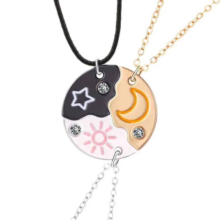 Set of 3 Round Rhinestone Star Moon Sun Friendship Necklaces BFF Best Friends Forever Fantasy Cute Pendant for Unbreakable Friendship