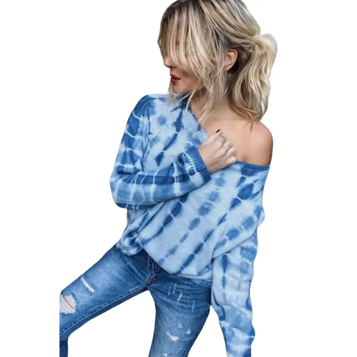 Off the Shoulder Tie Dye Sweater - Long Sleeve Knitwear, Fitted Casual Winter Top for Women, Comfortable Medium Length Drop Shoulder Knitting