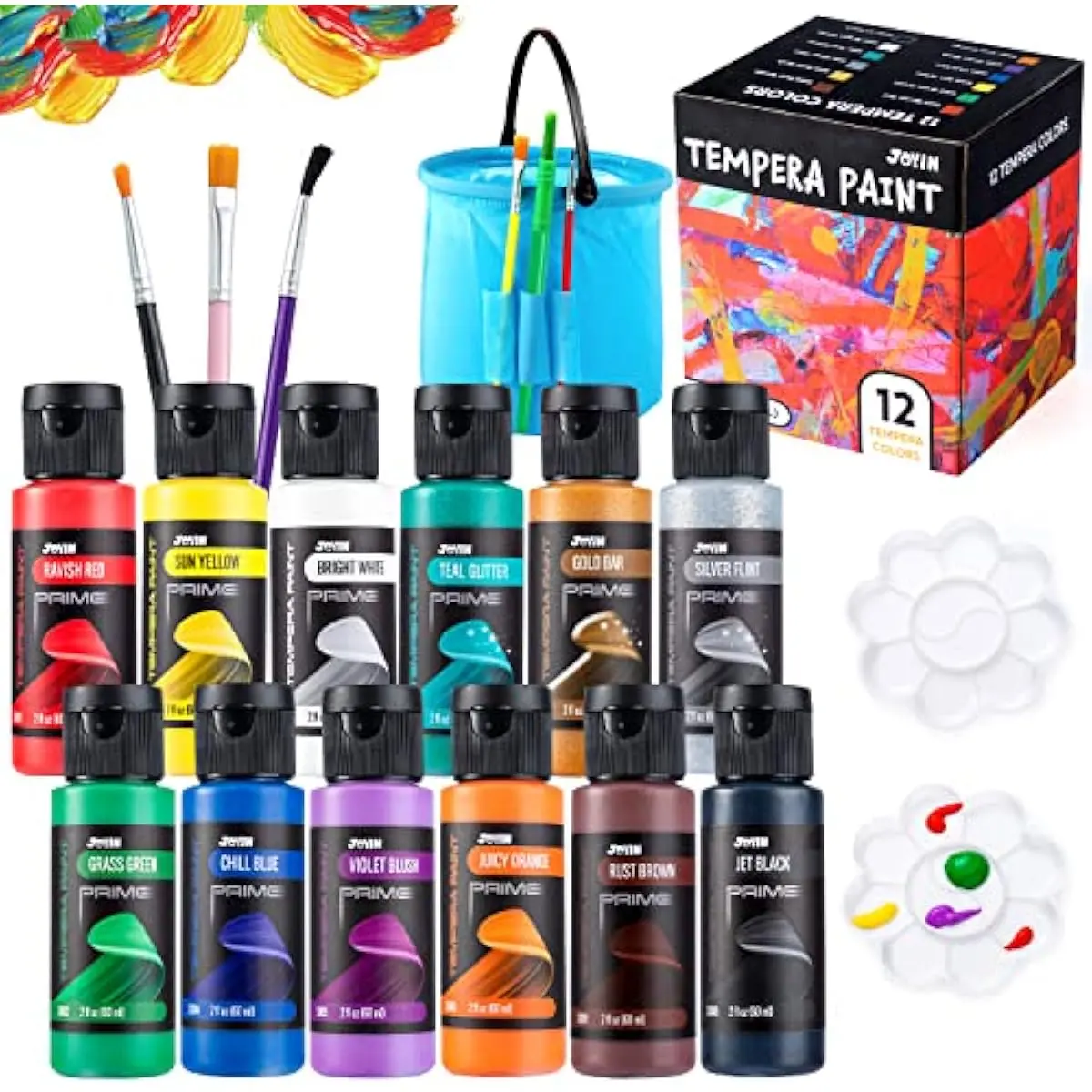 Washable Tempera Paint Set for Kids 12PCS, Non Toxic Liquid Paint with 6 Brushes and 2 Palettes - Art Supply for Kids for Arts and Crafts Project, Finger Painting (2 oz Each), Easter Basket Stuffers
