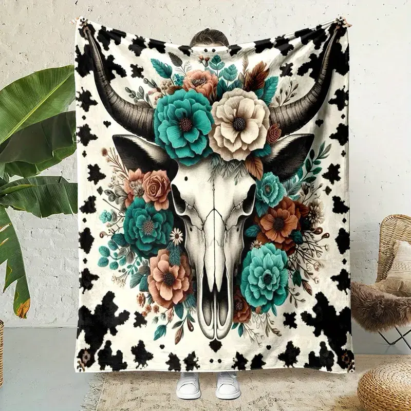 Soft Funny Throw Blanket - Country-Rustic Flannel Western Animal Artwork Blanket, Cartoon Bull Skull & Floral Digital Print, 100% Polyester Non-Woven Reversible, All-Season Cozy Cover, 200-250g Square Weight, Throw Blankets, Western Blankets