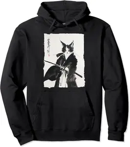 Samurai Cat Tee: Vintage Ukiyo-e Warrior Art Graphic Cat Art Pullover Hoodie - Latellestcha Shop 93B0CYJY66ST