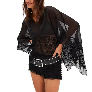 Women Sheer Poncho Tops Oversized Batwing Sleeve Blouse Contrast Lace See Through Mesh Cover Up Ruffle Flowy Boho Shirt(Sheets)