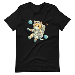 Men's space exploration with a cat astronaut Graphic T-Shirt - Short Sleeve Crew Neck Regular Fit Casual Wear | Soft & Breathable Fabric, Durable Print, Everyday Comfort, Machine Washable, cute cartoon illustration a cat in an astronaut suit floating in