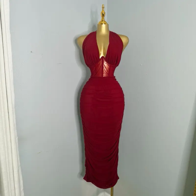 Women's Ruby Red Midi Corset Dress - Lace Detail on Center, Backless Design