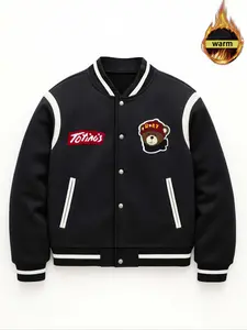 Men's Embroidered Patch Vintage Baseball Jacket, Thick Warm Woven Fabric, Casual Fitted Style, Spring & Fall Outerwear