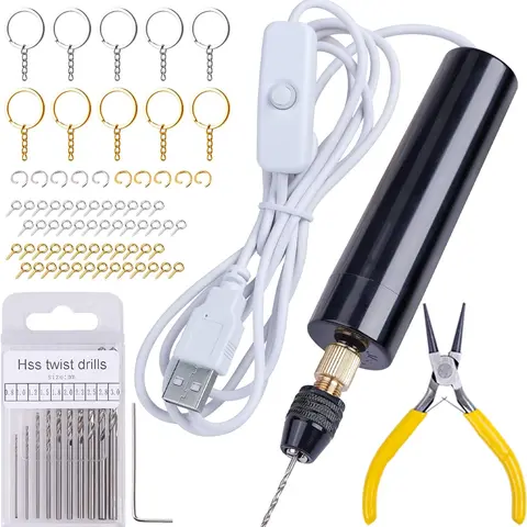 Electric Hand Drill Kit, USB Corded with 10 Drill Bits, 10 Keychain Rings and 50 Screw Eye Pins, Adjustable 3-Jaw Chuck for DIY Resin Jewelry, Bag Charms, Keychains, Beads and Polymer Clay Crafts - LET'S RESIN  -