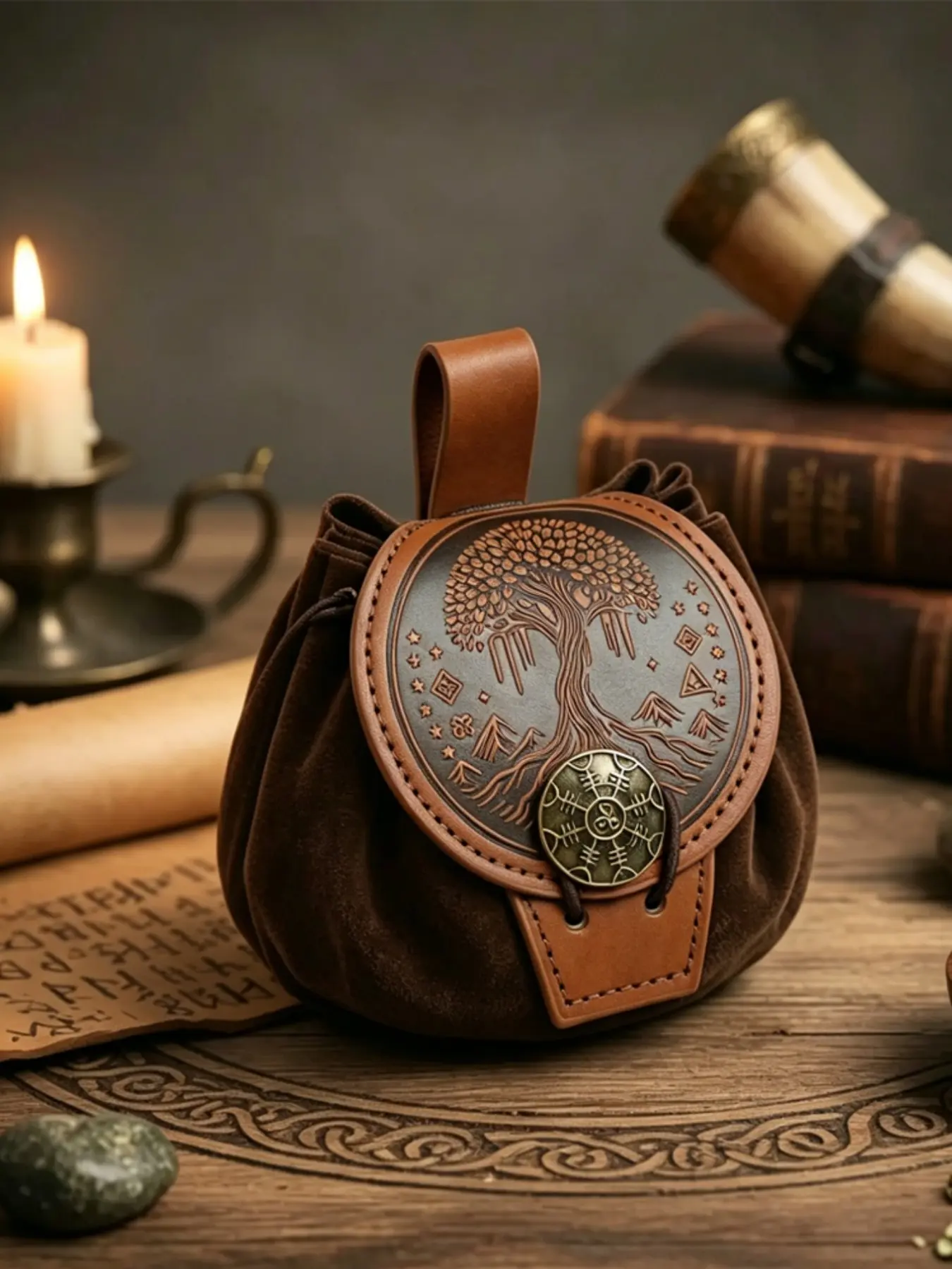 Medieval Tree of Life PU Leather Pouch, Norse Vegvisir Embossed Drawstring Waist Bag, Viking Larp, Cosplay, Halloween Costume Prop