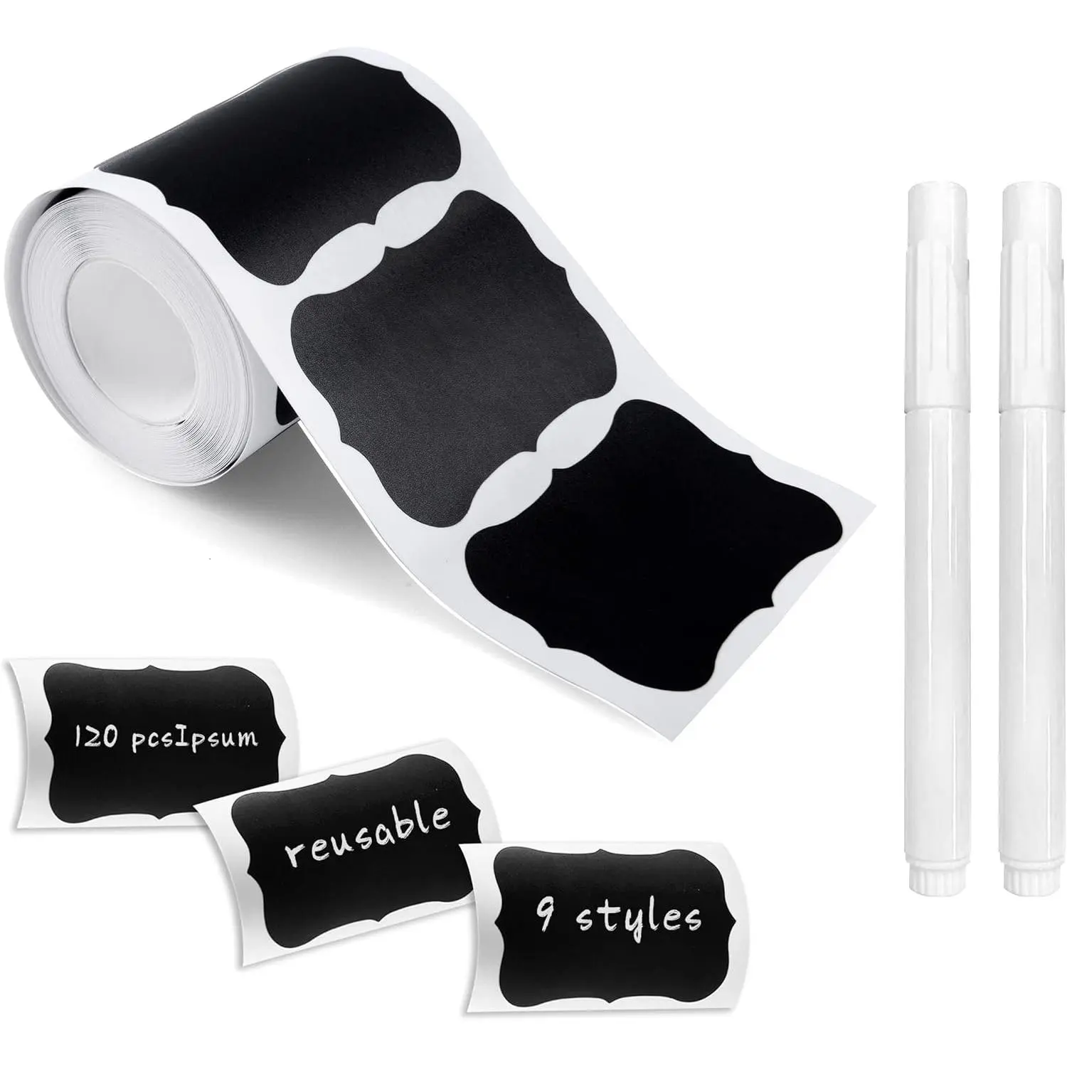 MUWOOB Chalkboard Labels 120 Count Black Kitchen Pantry Sticker Labels with 2 White Chalk Markers, Wavy Shape for Storage in Vinyl Material