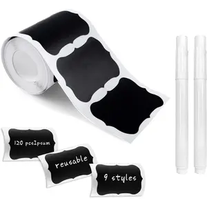 MUWOOB Chalkboard Labels 120 Count Black Kitchen Pantry Sticker Labels with 2 White Chalk Markers, Wavy Shape for Storage in Vinyl Material