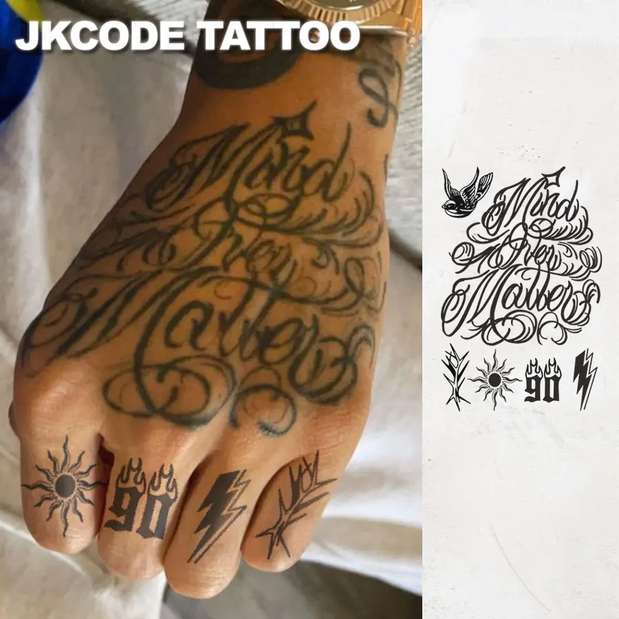 Men's Waterproof Hand Tattoo Street Graffiti Mind over Matter Letter Design Temporary Tattoos, Ephemeral Tattoos, Long-Lasting 15 Days, Casual Cool Style for Hands Neck Head, Temporary Fake Tattoo Tattoo Stickers