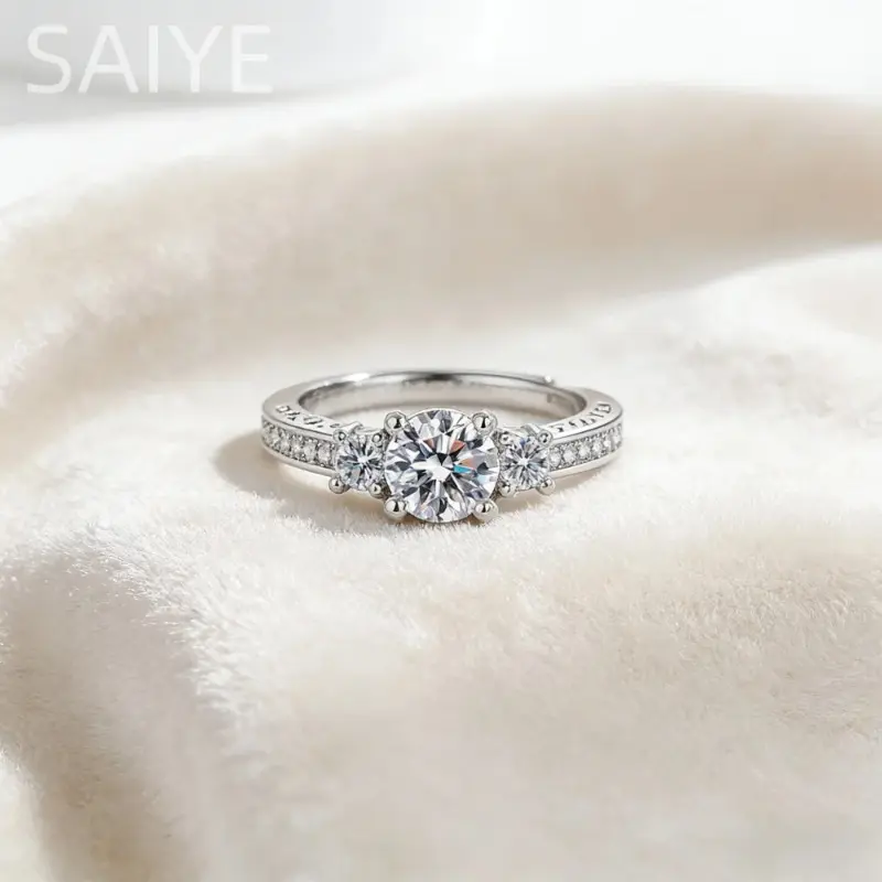 925 Sterling Silver 3 Stone Moissanite Ring for Women, Adjustable Engagement Ring, Luxury Promise Band, Anniversary Gift