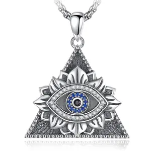 925 Sterling Silver Pyramid Evil Eye Necklace, Eye of Providence Triangle Pendant, All-Seeing Eye Protection Amulet, Spiritual Lotus Jewelry