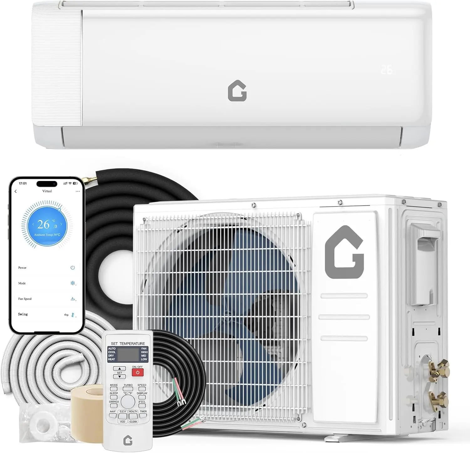 115V White 12000 BTU WiFi Split Type Aircon with Aircon Accessories - SEER2 22 Energy-Efficient Mini AC Unit, Cooling & Heating, Alexa & App Control, Customizable Modes