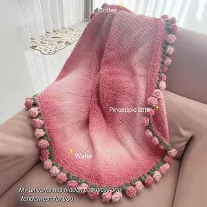 Hand Woven Blanket Crochet Rose Blanket Decorative Sofa Cover Valentine's Day Birthday Gifts for Women Tapestry Manta De Rosas