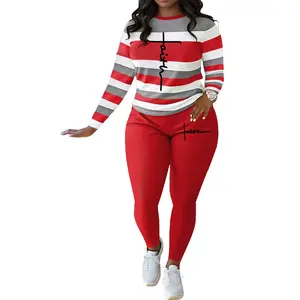 Women’s Slim Fit Two Piece Set Striped Crewneck Top with Trendy Letter Print and High Waisted Leggings Soft Stretch Fabric Flattering Fit Comfortable Casual Outfit Perfect for Spring Fall Daily Wear Workout and Street Style Look