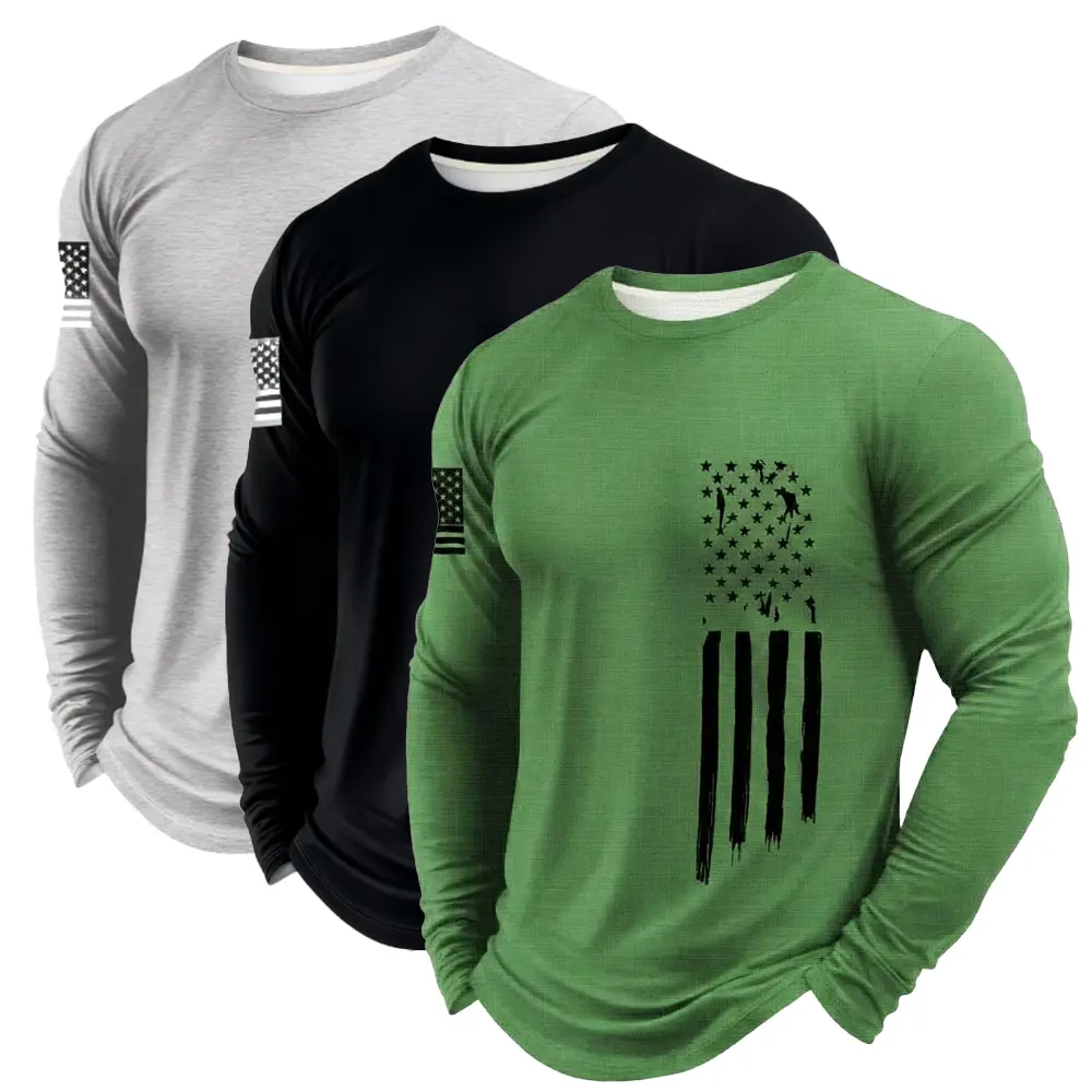 Men's 3-Pack Compression Shirts, Long Sleeve Dry-Fit Fitness Sport Tops with American Flag Print for Outdoor Gym Training, Compression Tops, Dry Fit Active, Regular Fit