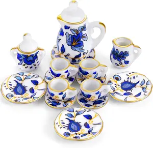 15 Pieces Miniature Porcelain Tea Cup Set Kitchen Miniature Porcelain Set Mini Flower Pattern Teapot Cup Plates  Kitchen Accessories