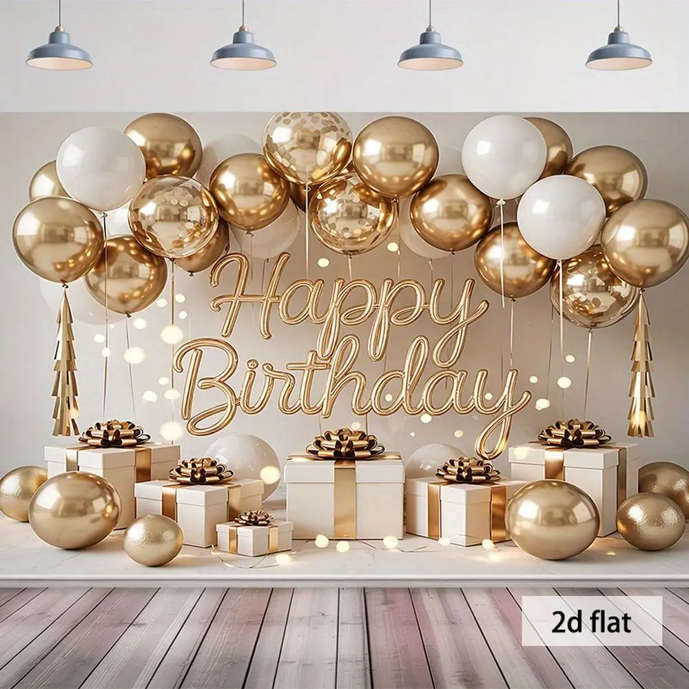 1PC 2D Flat Golden-Themed Birthday Party Backdrop with Balloons and Gift Box Decorative Elements, Reusable Polyester Fabric Photo Backdrop Banner for Adult and Children's Birthday Celebrations, Party Decoration, Banners, Flat Banner,summervibe