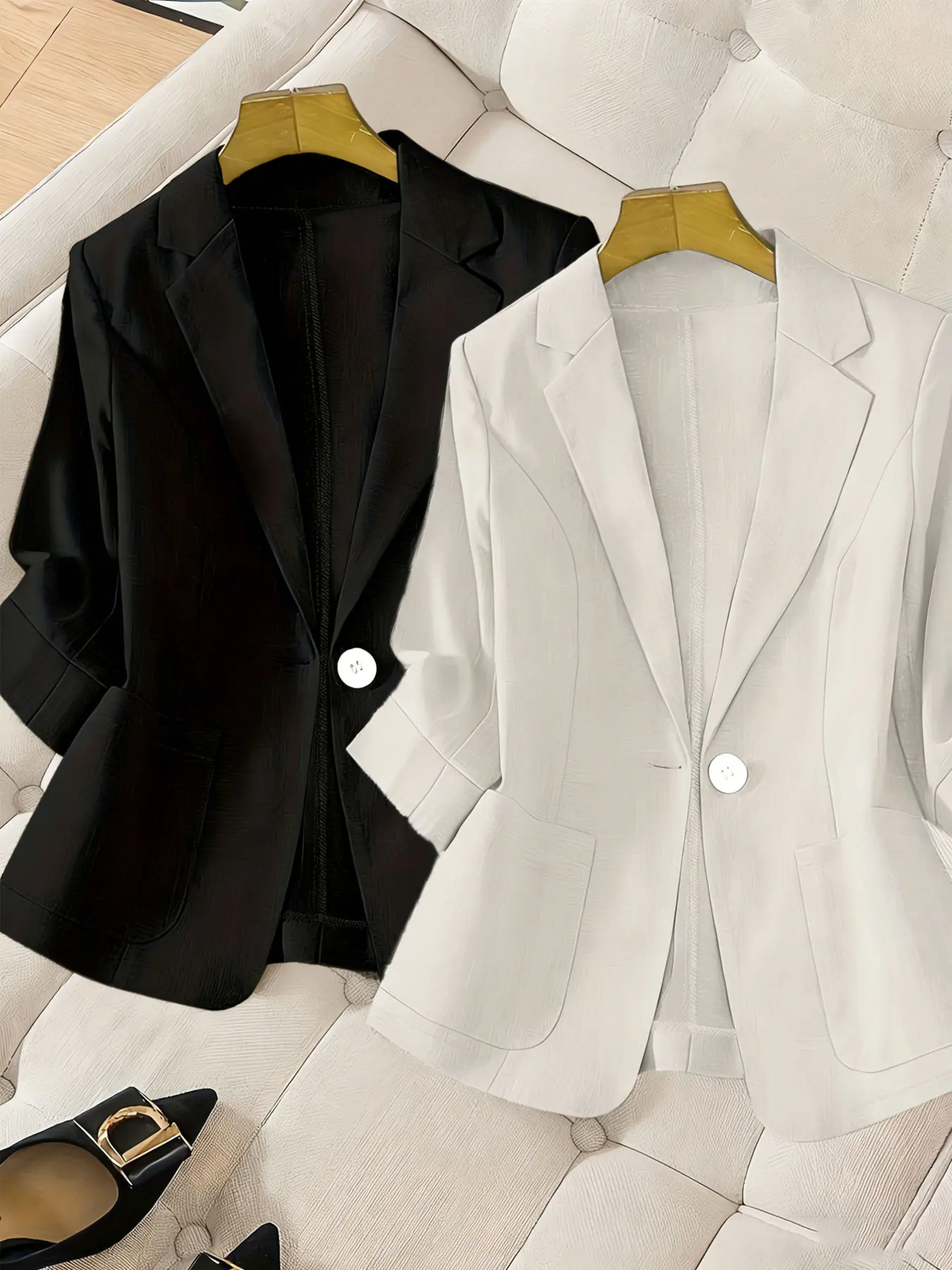 Women's Two-Piece Plain Color Fashion Lapel Half-Sleeve Blazer Jacket Business Suits, Formal Business Attire, Elegant Suit, Fashion Business Outfits, Spring Summer Commuter Wear, Fitted Outerwear, Office Clothes