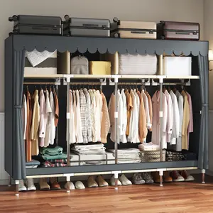 LEAIJIAFY Large Portable Wardrobe with 4 Hanging Rods & Storage Cabinet Metal Garment Rack 16.7 Inches Gray Dustproof Cover for Bedroom Multifunctional Organiser Folding Stackable Closet Clothing Locker