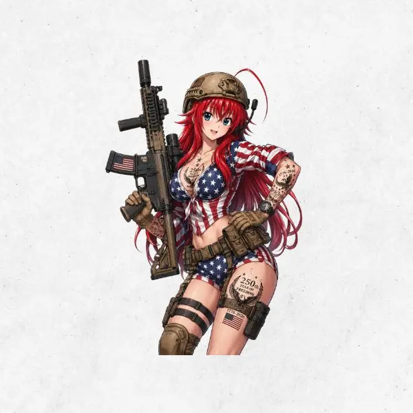 Rias Tactical Military Waifu Sticker, USA Flag Anime Girl, 250th Year of Freedom Vinyl Decal