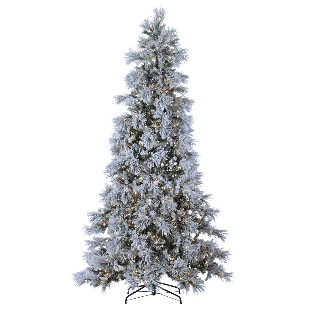 9 ft Pre-Lit Lightly Flocked Conical Snowbell Pine Christmas Tree with 900 Twinkling Lights, UL Listed Secure Metal Base, Pine Tips, Festive Holidays Home Decor Ornament, Green, Pre-Lit Tree