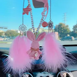 Cute Crochet Rabbit Car Rearview Mirror Hanging Ornament, Car Interior Decoration, Creative Boujee Car Accessories, Car Interior Accessories for Women & Girls