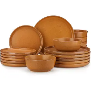 Plates and Bowls Sets, 18 count Stoneware Dinnerware Set for 6, Ceramic Dish Set for Kitchen, Microwave and Dishwasher Safe, Caramel Yellow, Series ZERMATT