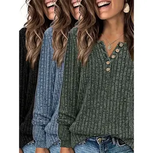 3-Pack comfortable ribbed V-neck T-shirt set for women-soft long sleeve tops, casual crew neck style with button detail, polyester knit fabric for spring/fall Knitwear Elegance