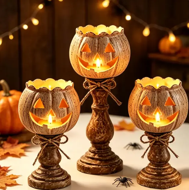 White Pedestal Pumpkin Candle Holders - Antique Farmhouse Garden Decor, Halloween Home Table Centerpiece, Outdoor Lawn Ornament decorative sculpture