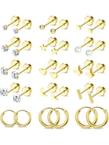15Pairs Small Tiny Stud Earrings for Women Men Hypoallergenic Flat Back Earrings 14K Gold Plated Surgical Stainless Steel Earrings Sets Screw Back Cartilage Earrings Stud Earrings Jewelry Ear Studs