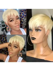 613 Blonde Pixie Cut Wig - Real Human Hair Glueless Short Bob with Bangs, Density Straight Layered Unisex Wig for Women & Men, Natural Look & Easy Application, Machine-Made Rose Net for All Light Beige Tones, Machine Made Wigs, Glueless Ready To Wear Wig
