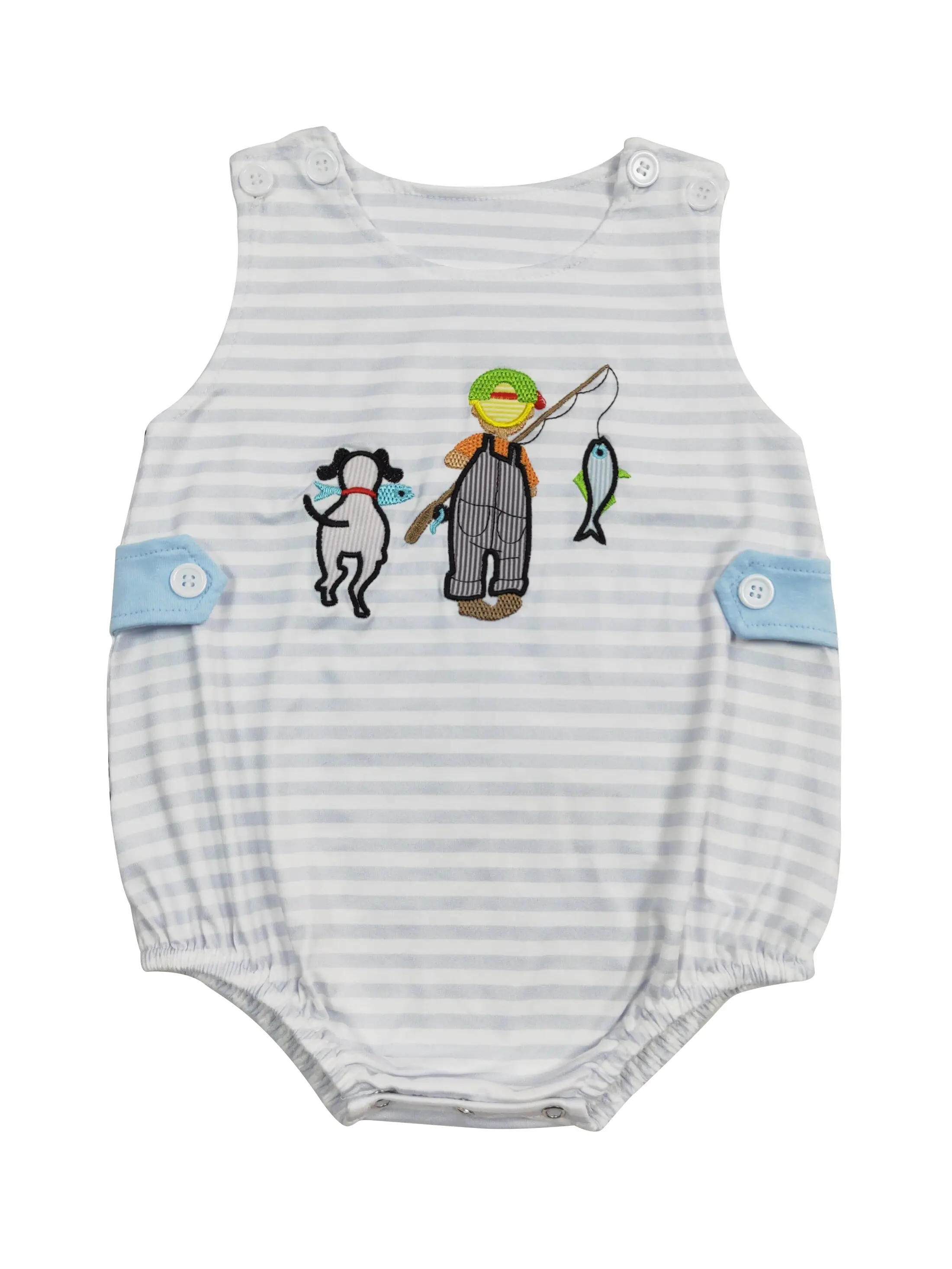 go fishing embroidery sleeveless Print boy baby Romper