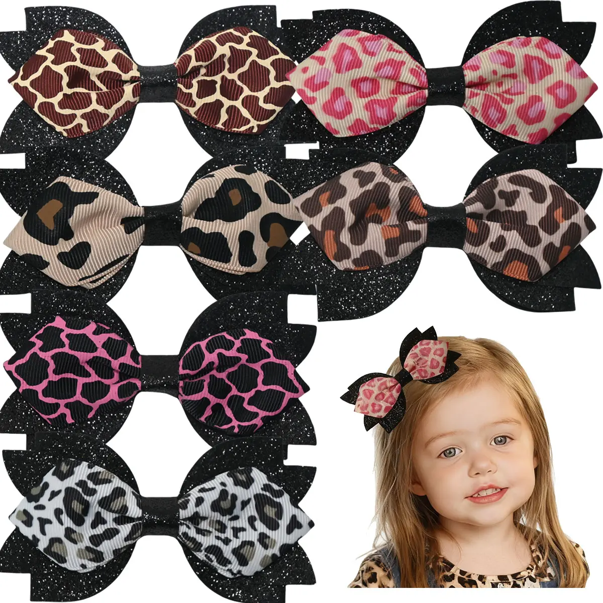 JoyBowie 6pcs 4inch Animal Print Bow Hair Clips for Girls, Leopard & Giraffe Grosgrain Ribbon Barrettes with Glitter Felt Base and Alligator Clips, Cute Toddler Kids Hair Accessories