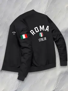 Men's Italian Flag Pilot Jacket Olive Roma Lettering, Zipper Baseball Coat, Polyester, Casual & Formal Wear