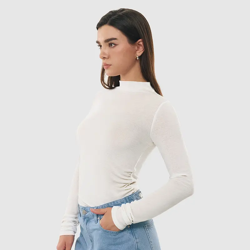 C202 Women Merino Wool Mock Neck Sweater Slim Fit Lightweight Casual Everyday Top Spring