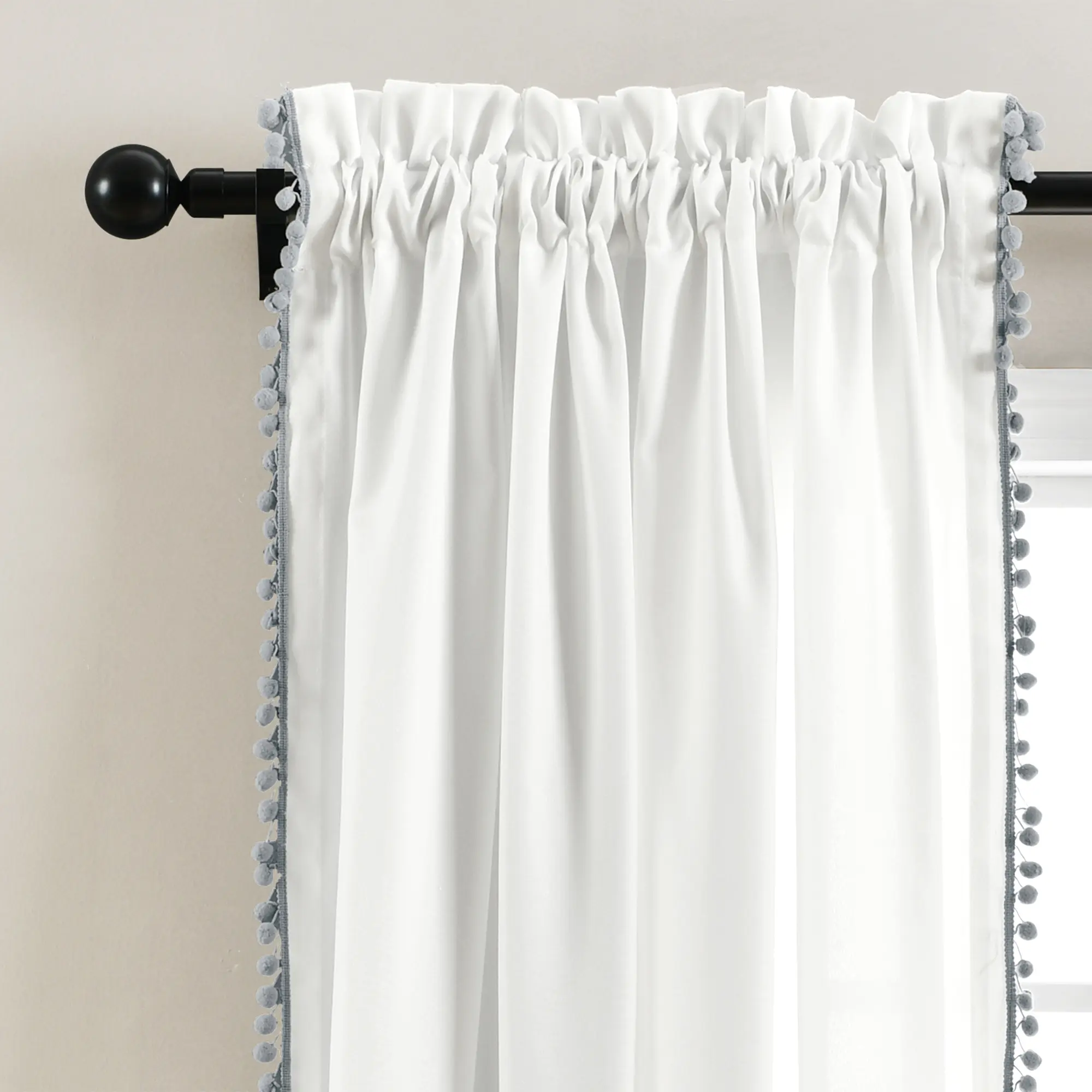 Lush Decor Pom Pom Window Curtain (Single Panel), White Button Detail Two Panel Design Single 50"W x 63"/84''/95''/108''L+2" Header Ideal for Home Decor Interior Decoration Accessories